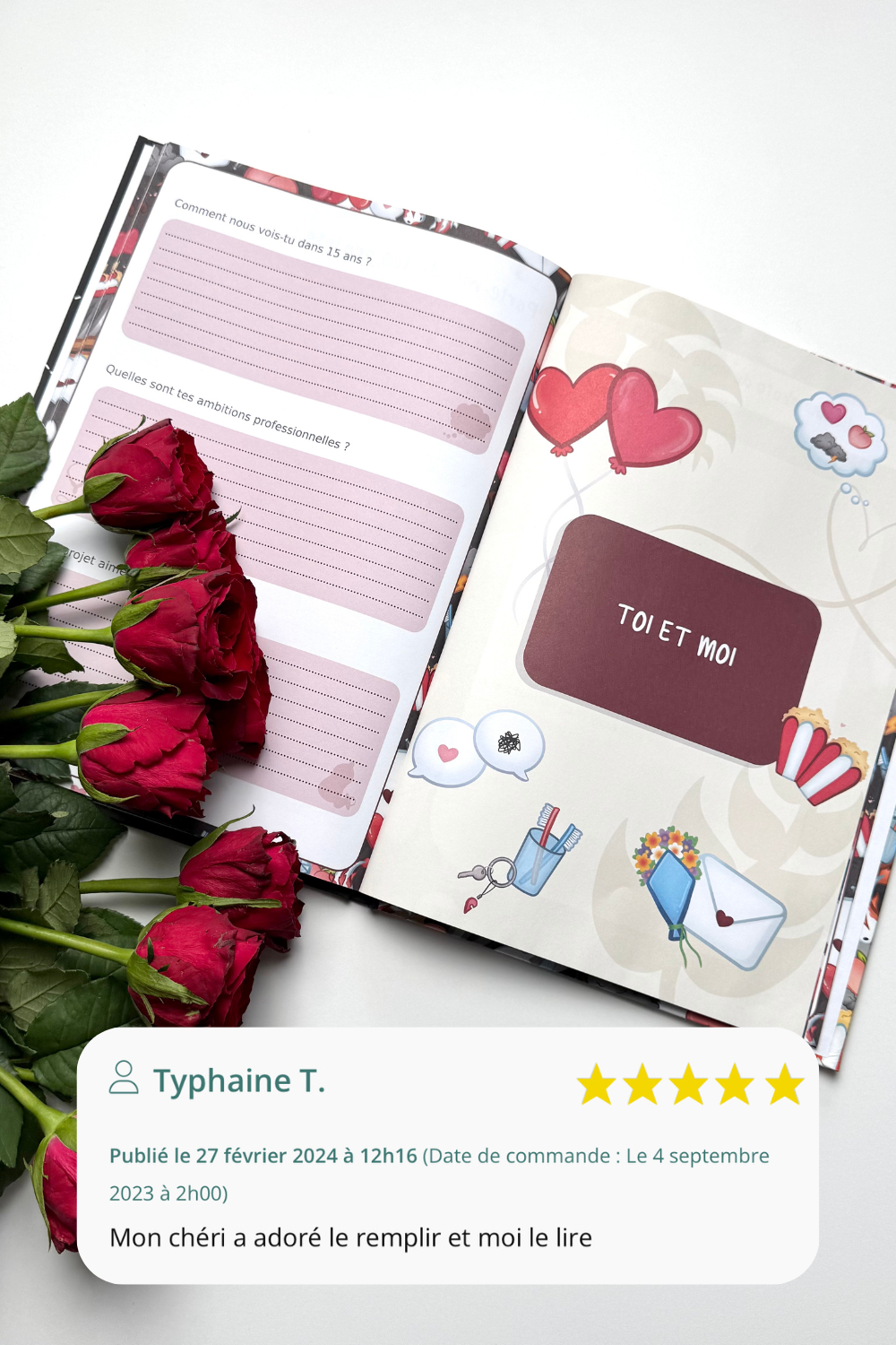 Livre avec roses rouges romantiques pour couple avec un avis