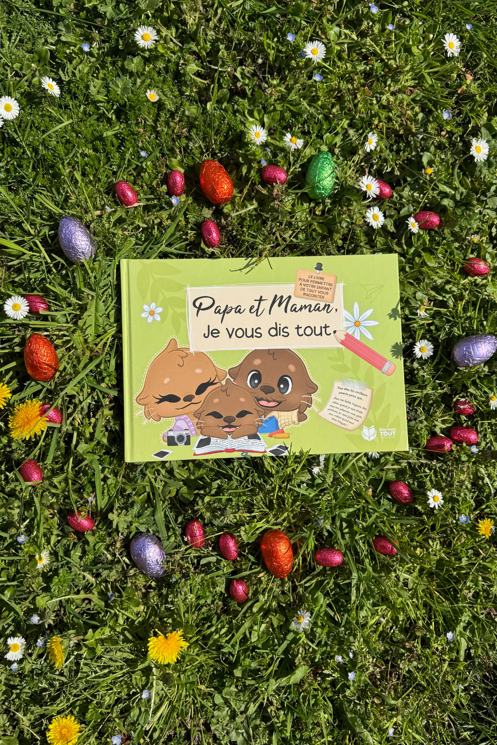 Livre papa et maman, je vous dis tout photo dans l'herbe avec des chocolats autour