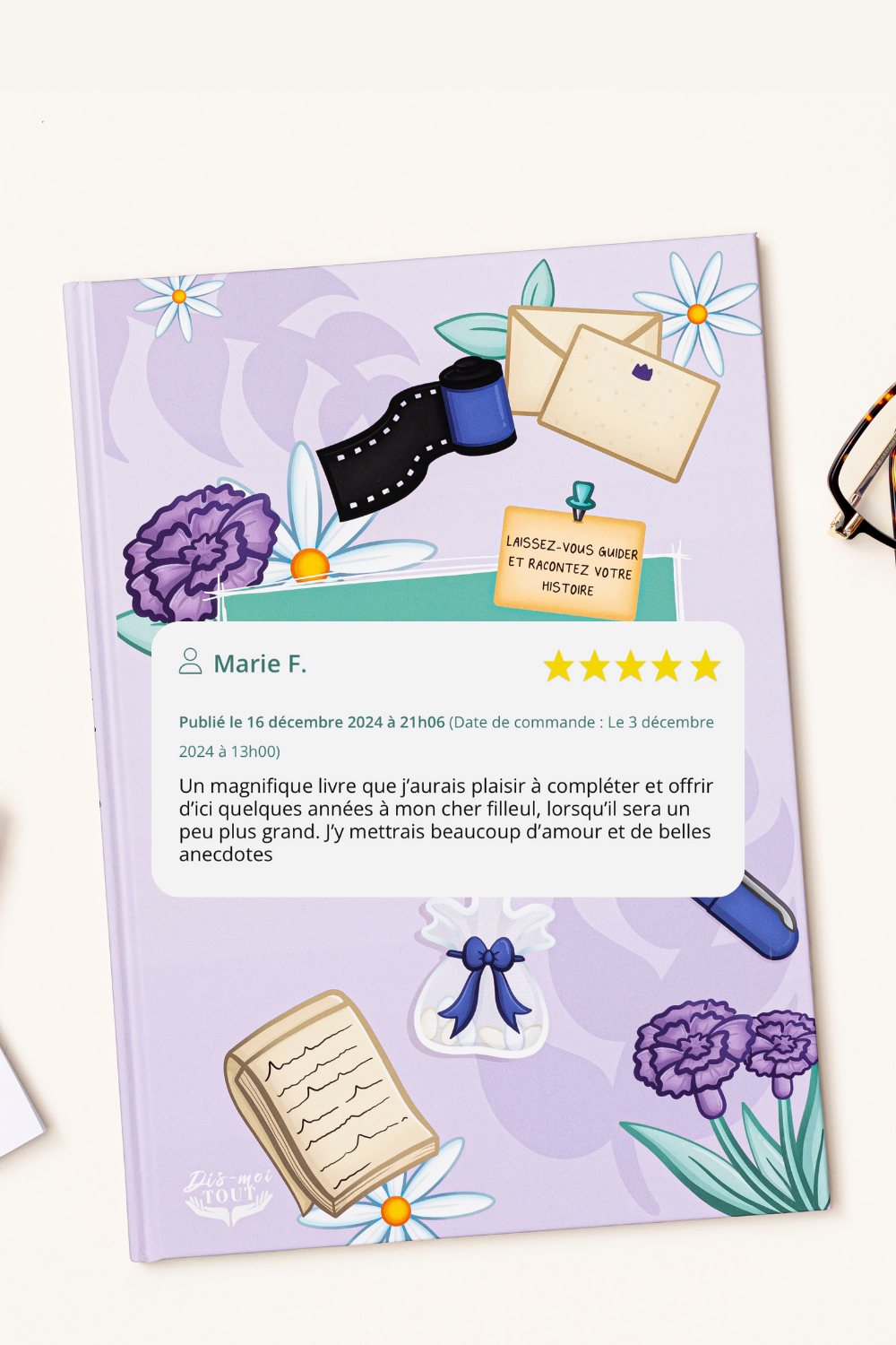Avis client avec le livre "Marraine, Dis-moi tout" en fond