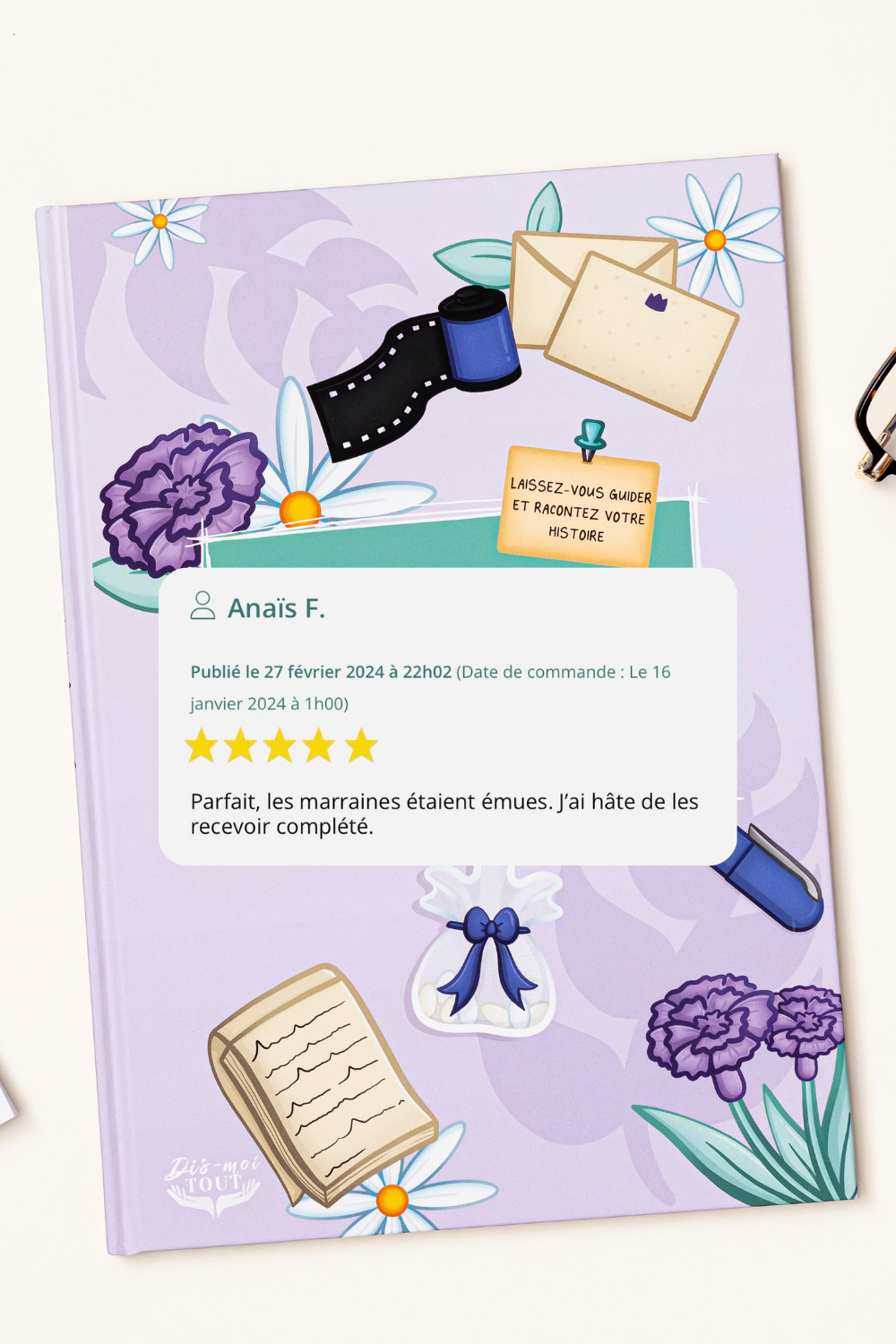 Avis client avec le livre "Marraine, Dis-moi tout" en fond