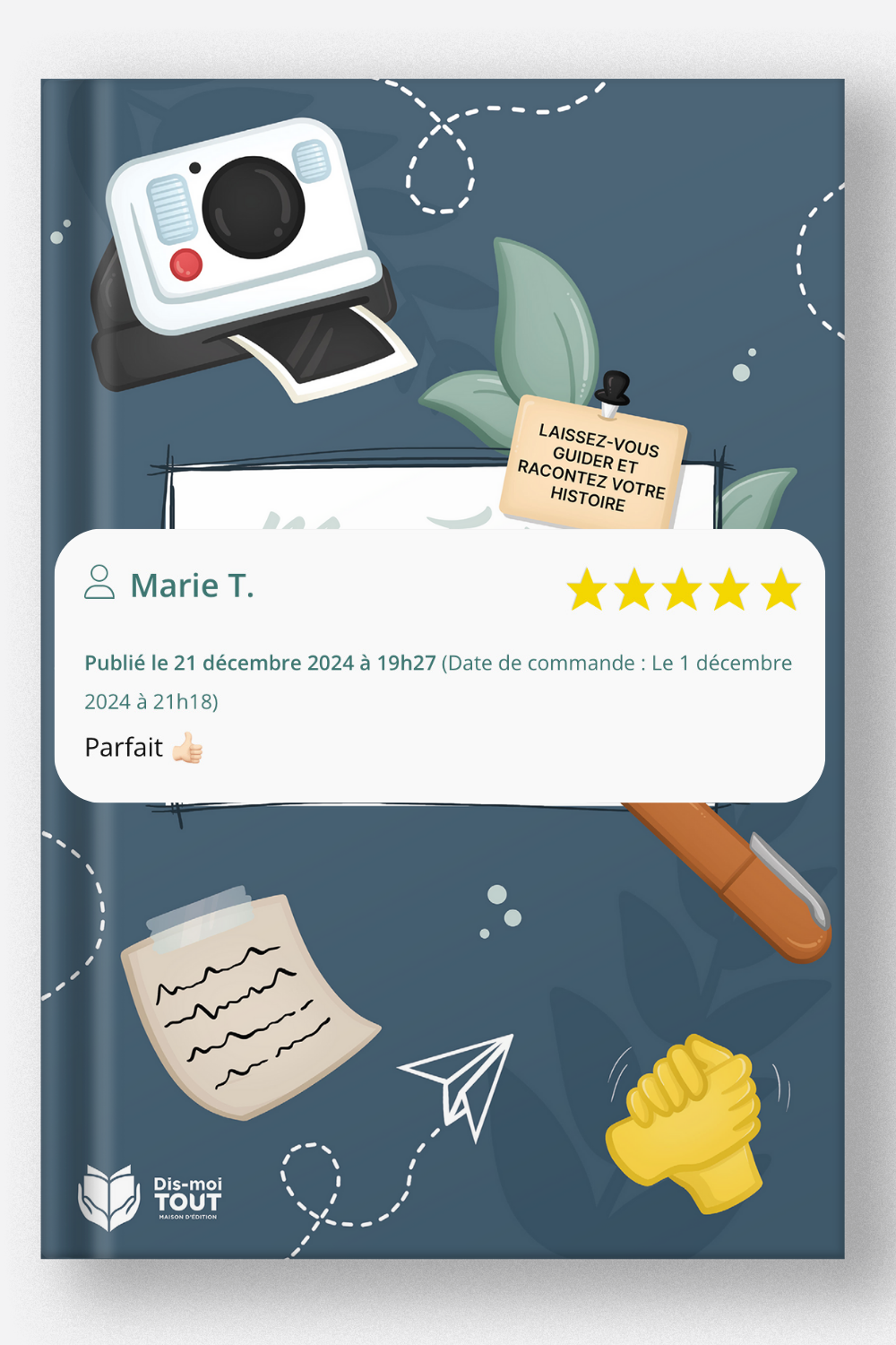 Avis client avec le livre "Mon frère, Dis-moi tout" en fond