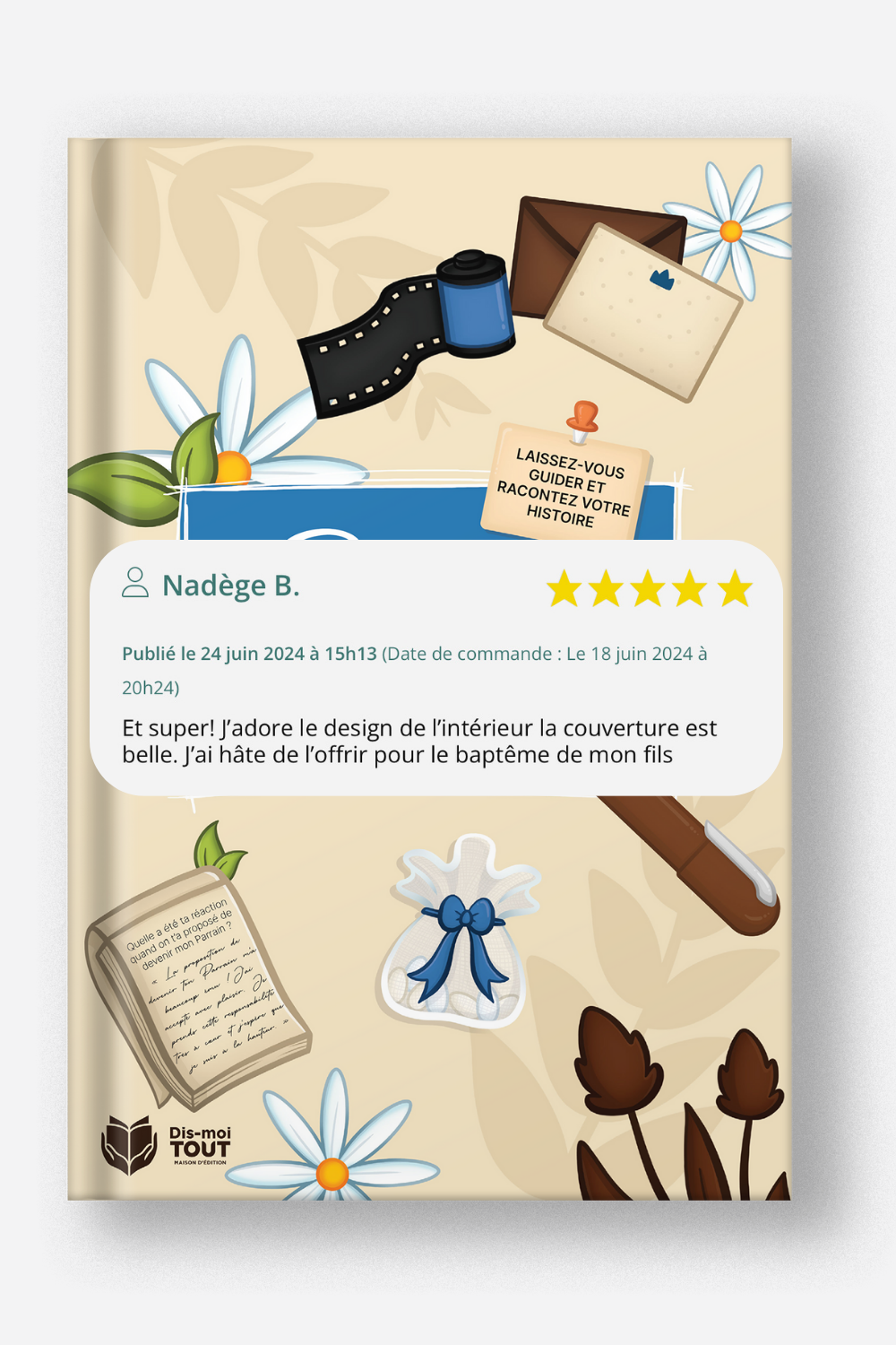 Avis client avec le livre "Parrain, Dis-moi tout" en fond